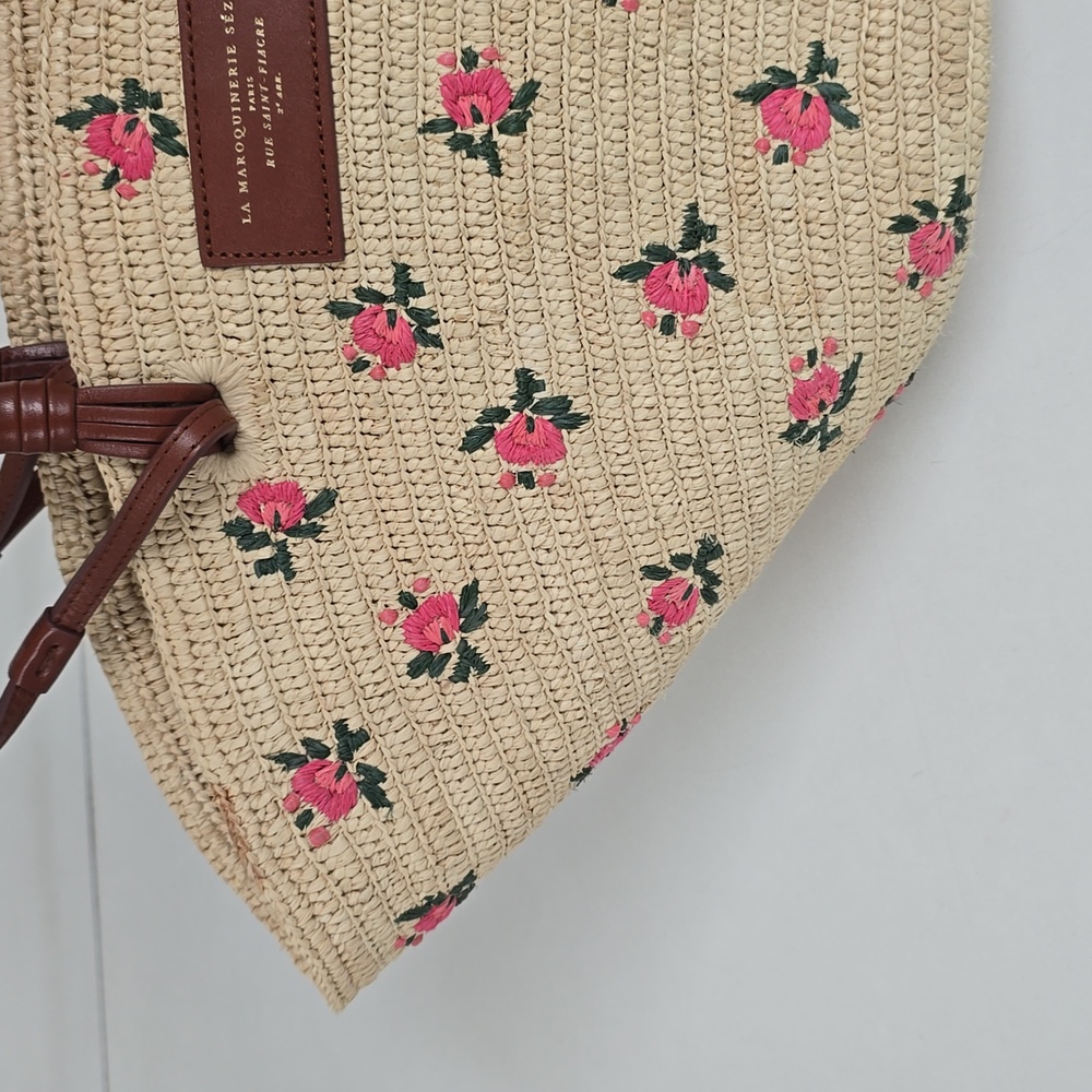 Sezane Justine Basket Bag Embroidered Pink Flowers Raffia - Picture 7 of 14